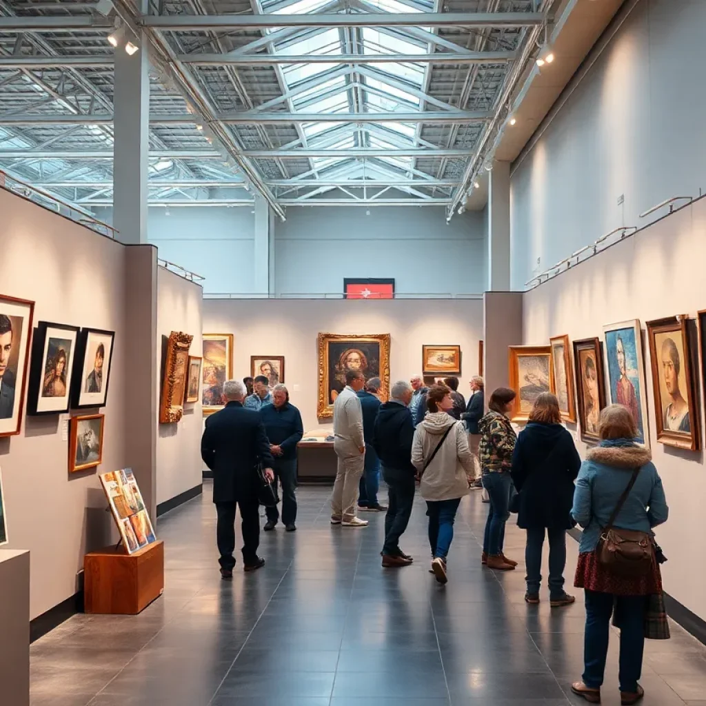 Visitors exploring the David Hockney exhibition at Grand Rapids Art Museum