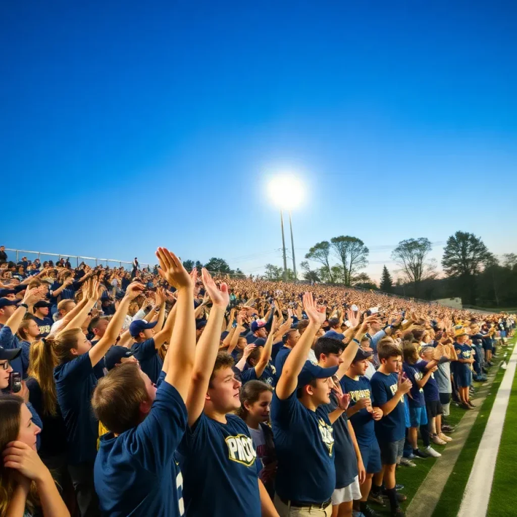 Fans cheering at a high school sports event between East Grand Rapids and Grand Rapids Catholic Central.
