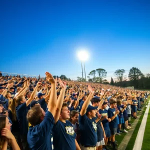 Fans cheering at a high school sports event between East Grand Rapids and Grand Rapids Catholic Central.