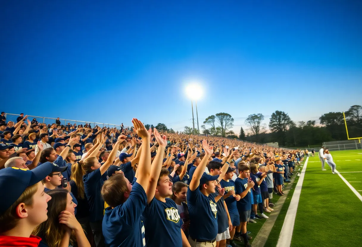 Fans cheering at a high school sports event between East Grand Rapids and Grand Rapids Catholic Central.
