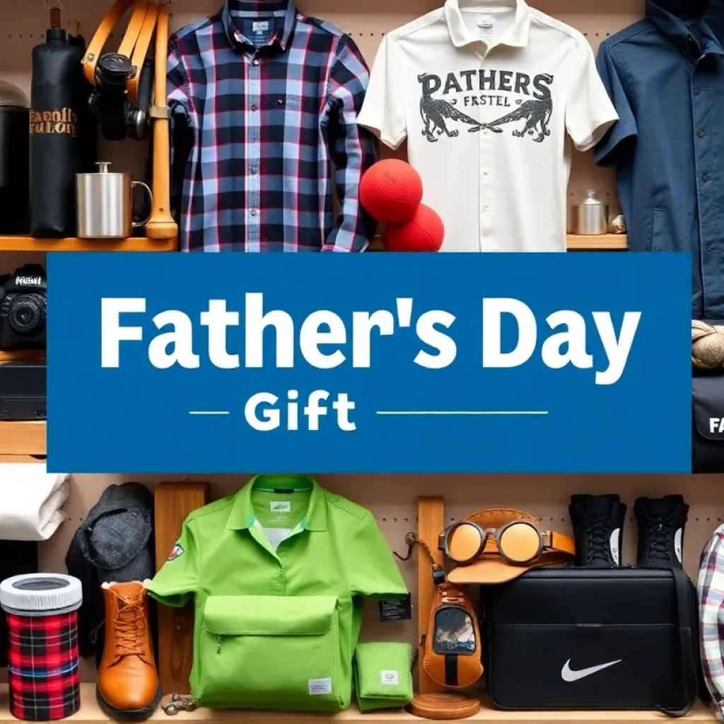 Collage of Father's Day gift items from Woodland Mall