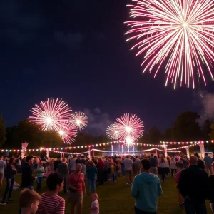 Fireworks display over a park during Fourth of July celebrations