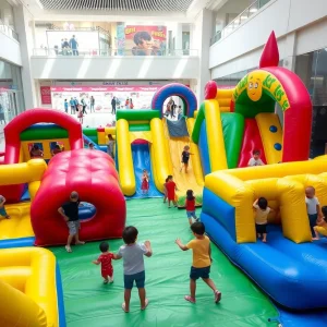 Children enjoying the FunBox inflatable playground in Grand Rapids.