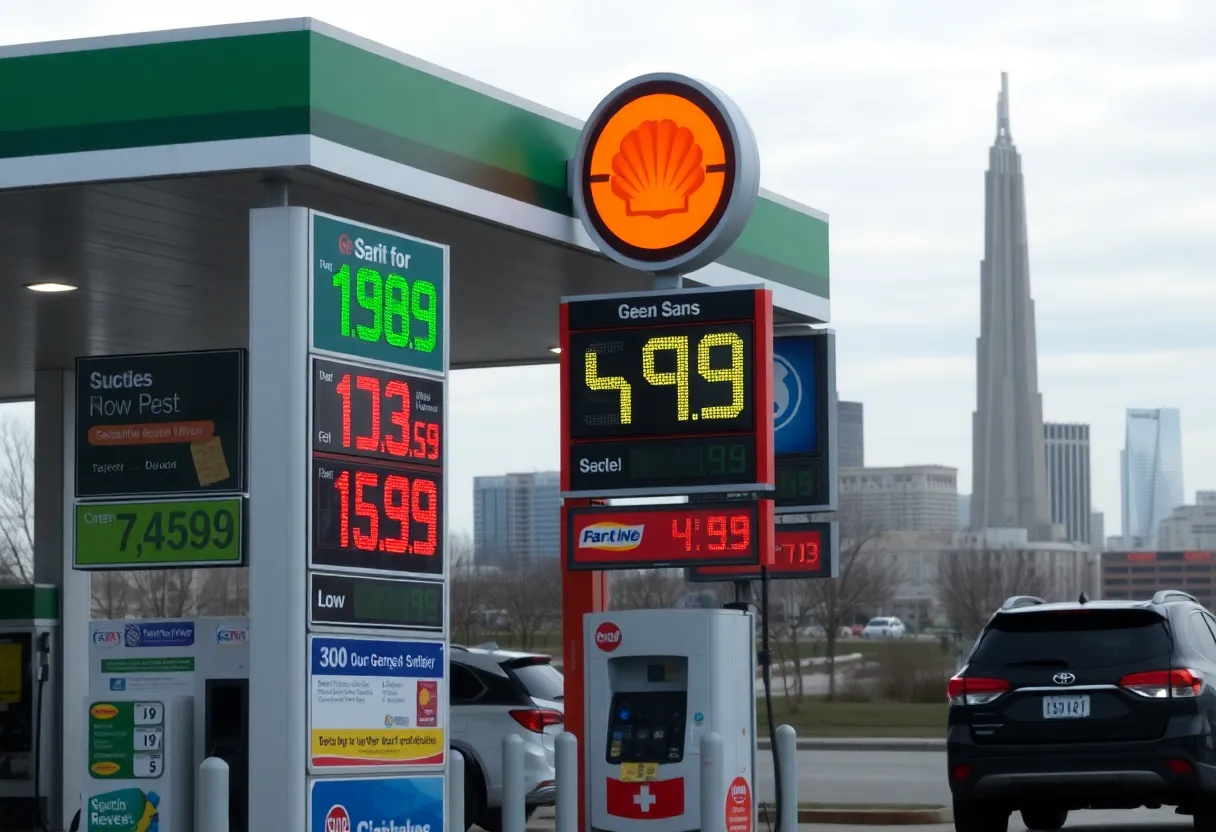 Gas station displaying varying gas prices in Grand Rapids, MI
