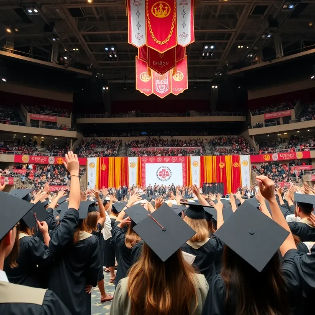 Graduation ceremony at Van Andel Arena with graduates in caps and gowns.