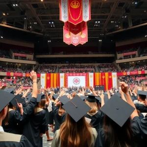 Graduation ceremony at Van Andel Arena with graduates in caps and gowns.