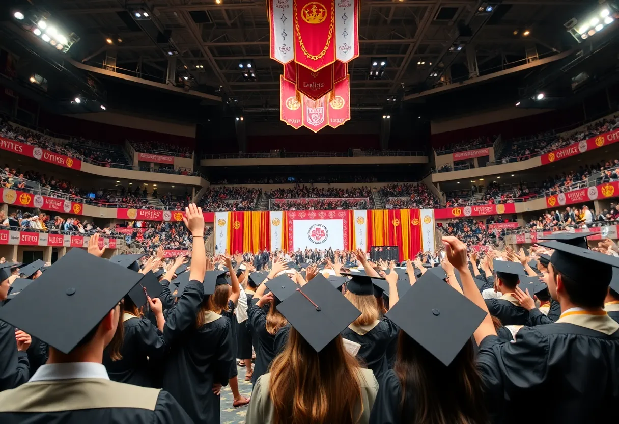 Graduation ceremony at Van Andel Arena with graduates in caps and gowns.