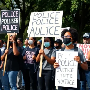 Activists holding signs at a protest in Grand Rapids for police accountability
