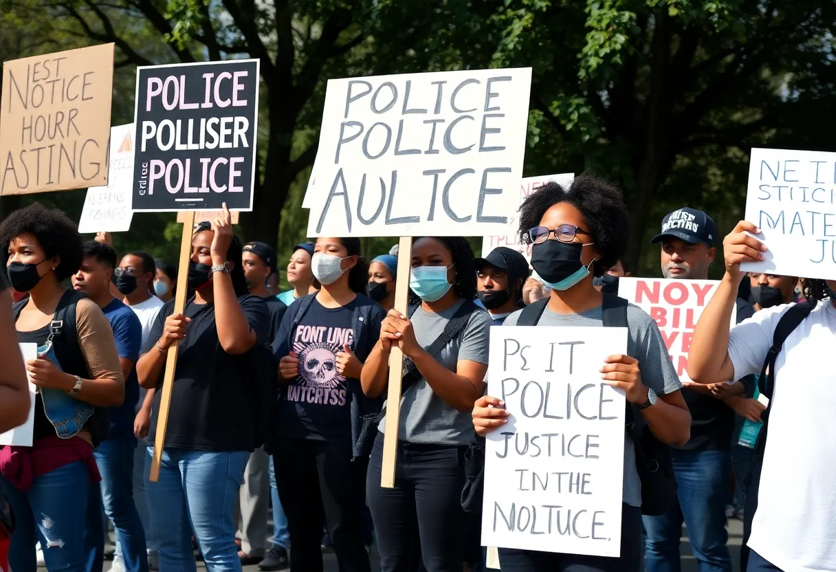 Activists holding signs at a protest in Grand Rapids for police accountability