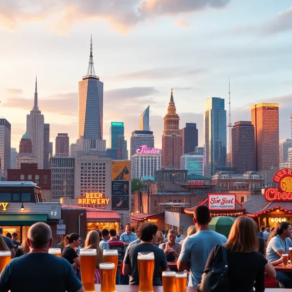 A skyline view of Grand Rapids with craft breweries and people enjoying beer outdoors.