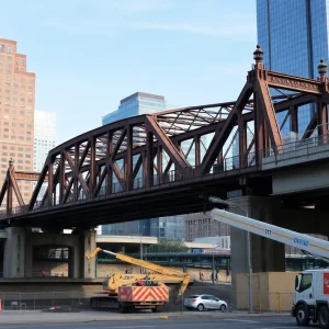 Image showing the Martin Luther King Jr. Street bridge in Grand Rapids with construction gear.