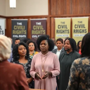 Community members discussing civil rights issues at Fountain Street Church in Grand Rapids.