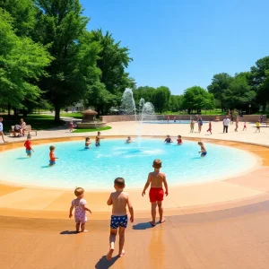 Families enjoying the beach and splash pad at Millennium Park in Grand Rapids