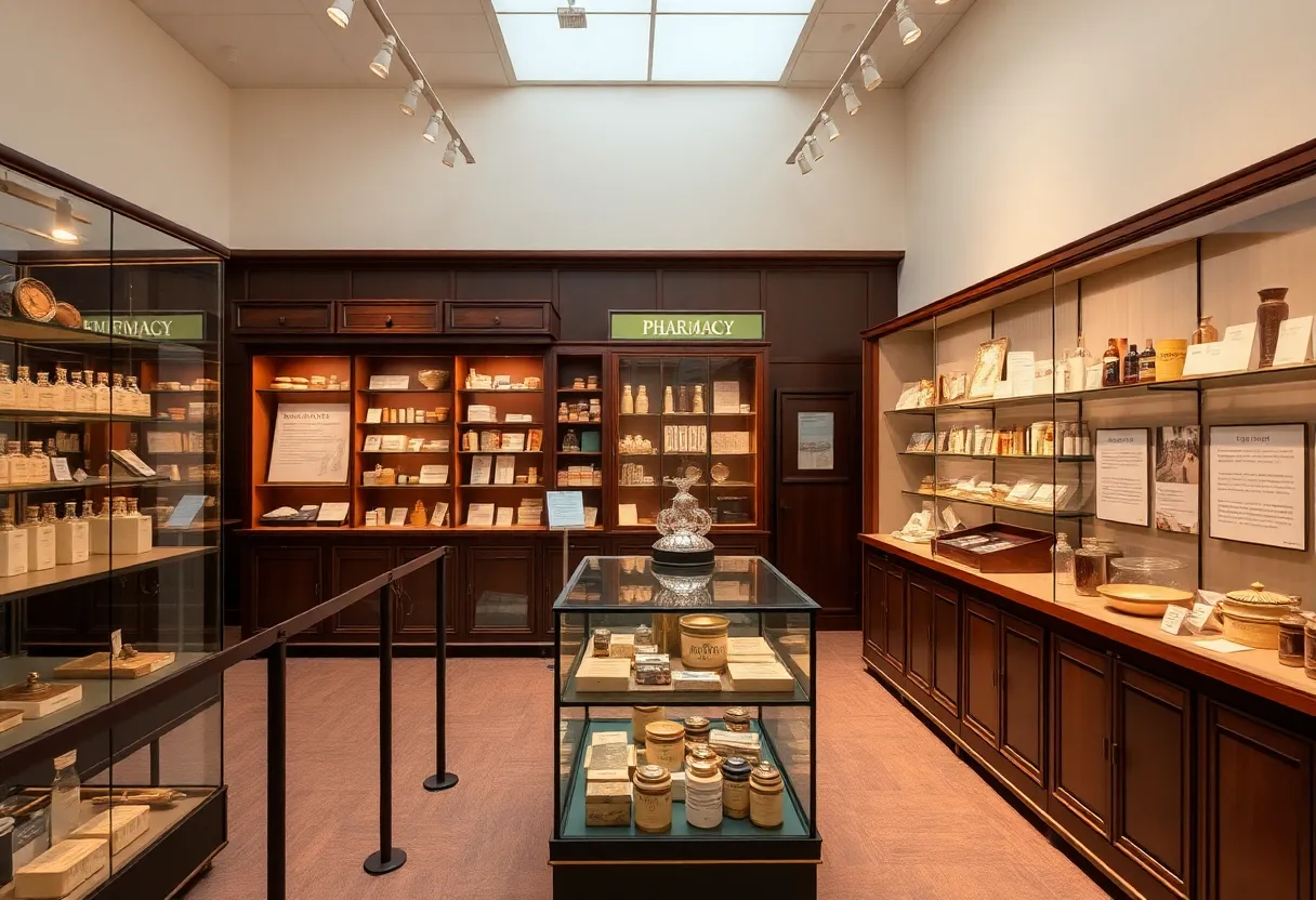 Exhibit at Grand Rapids Public Museum featuring pharmacy items