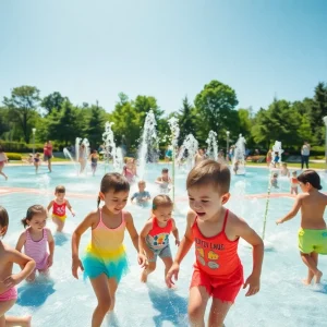 Families and children having fun at a public pool and splash pad in Grand Rapids.