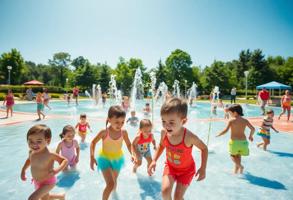 Families and children having fun at a public pool and splash pad in Grand Rapids.