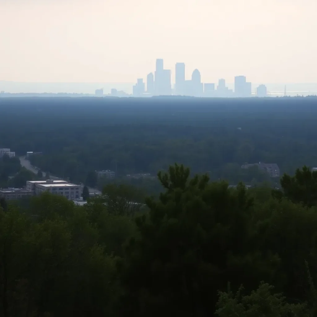 Hazy skyline of Grand Rapids with visible smoke from wildfires.
