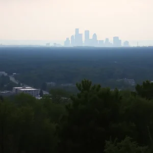 Hazy skyline of Grand Rapids with visible smoke from wildfires.