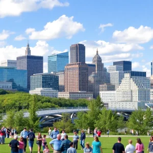 Skyline of Grand Rapids with modern buildings and trees