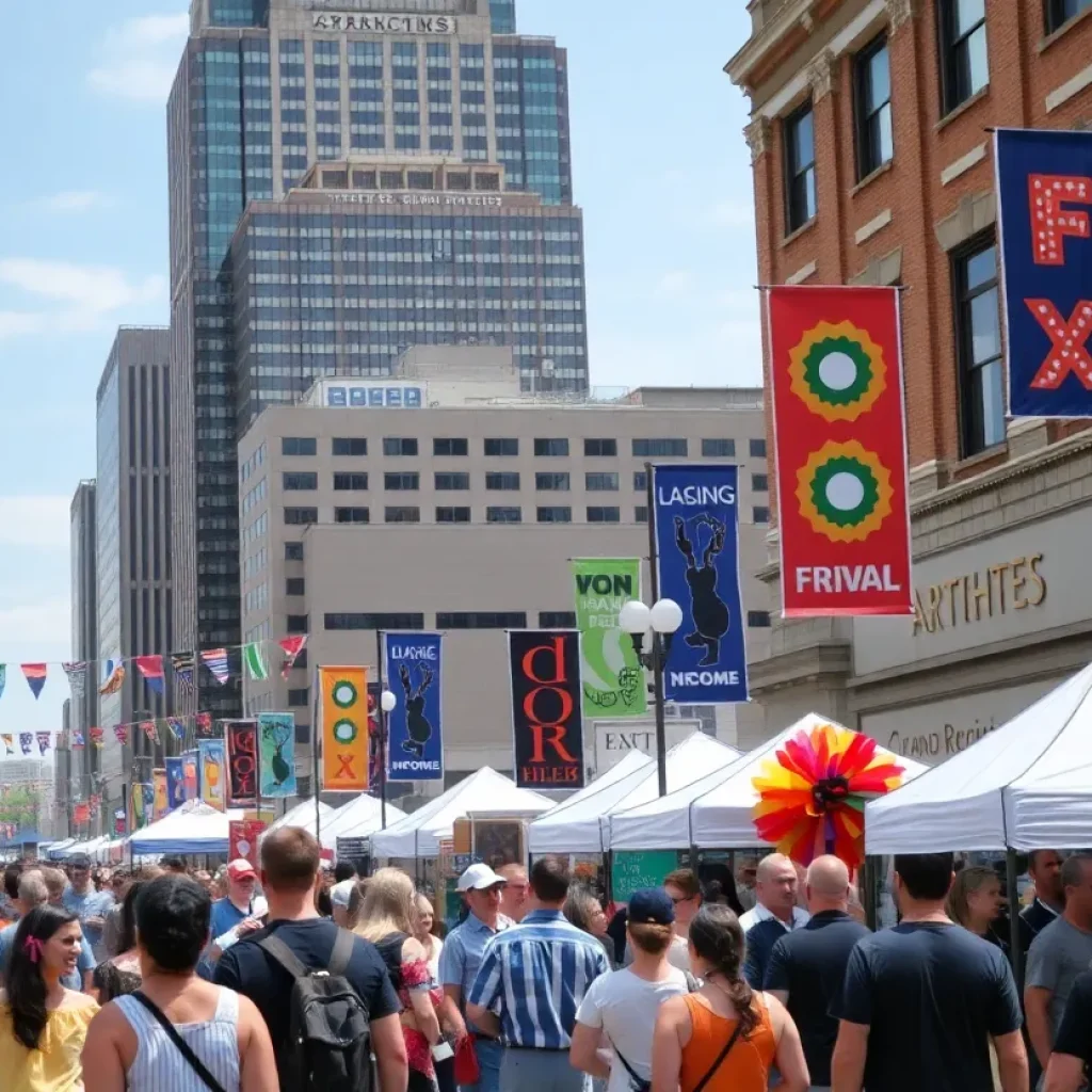 Crowd enjoying a vibrant street festival in Grand Rapids with art displays and music performances.