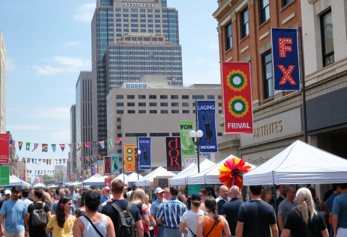 Crowd enjoying a vibrant street festival in Grand Rapids with art displays and music performances.