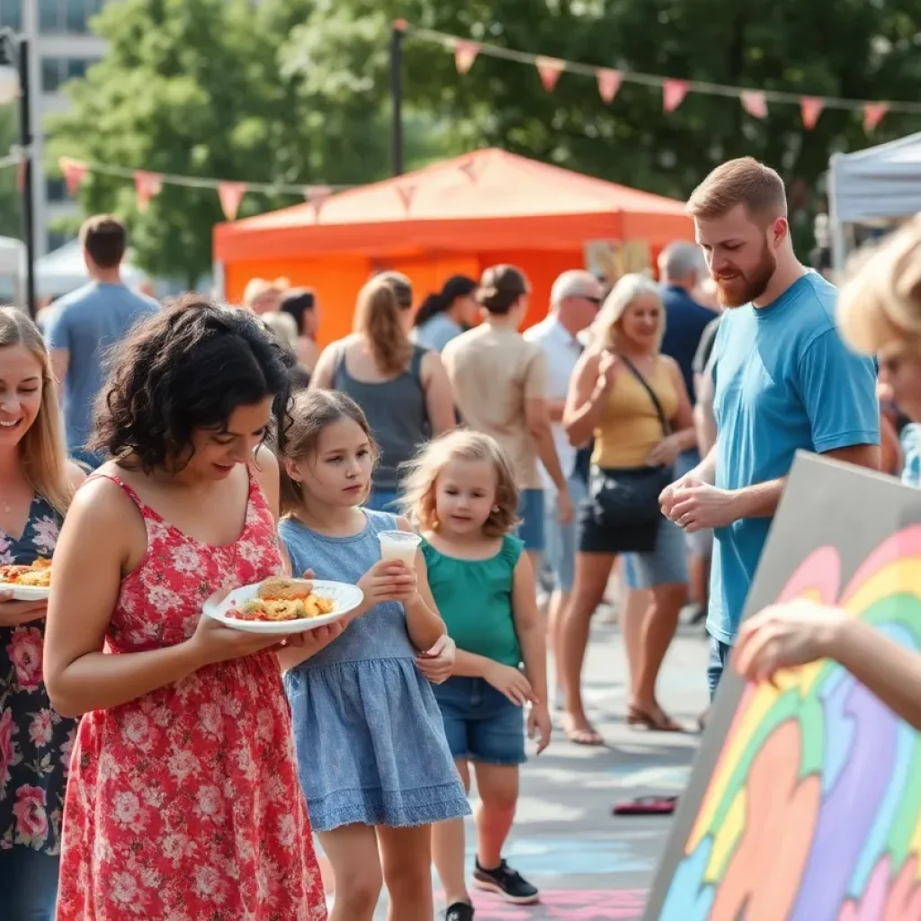 Families enjoying a summer festival in Grand Rapids with performances and food stalls.