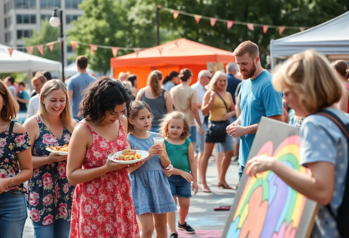 Families enjoying a summer festival in Grand Rapids with performances and food stalls.