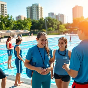 Young lifeguards and park staff at a summer pool in Grand Rapids
