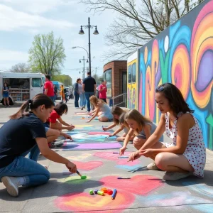 Families creating chalk art at a Grand Rapids community event.