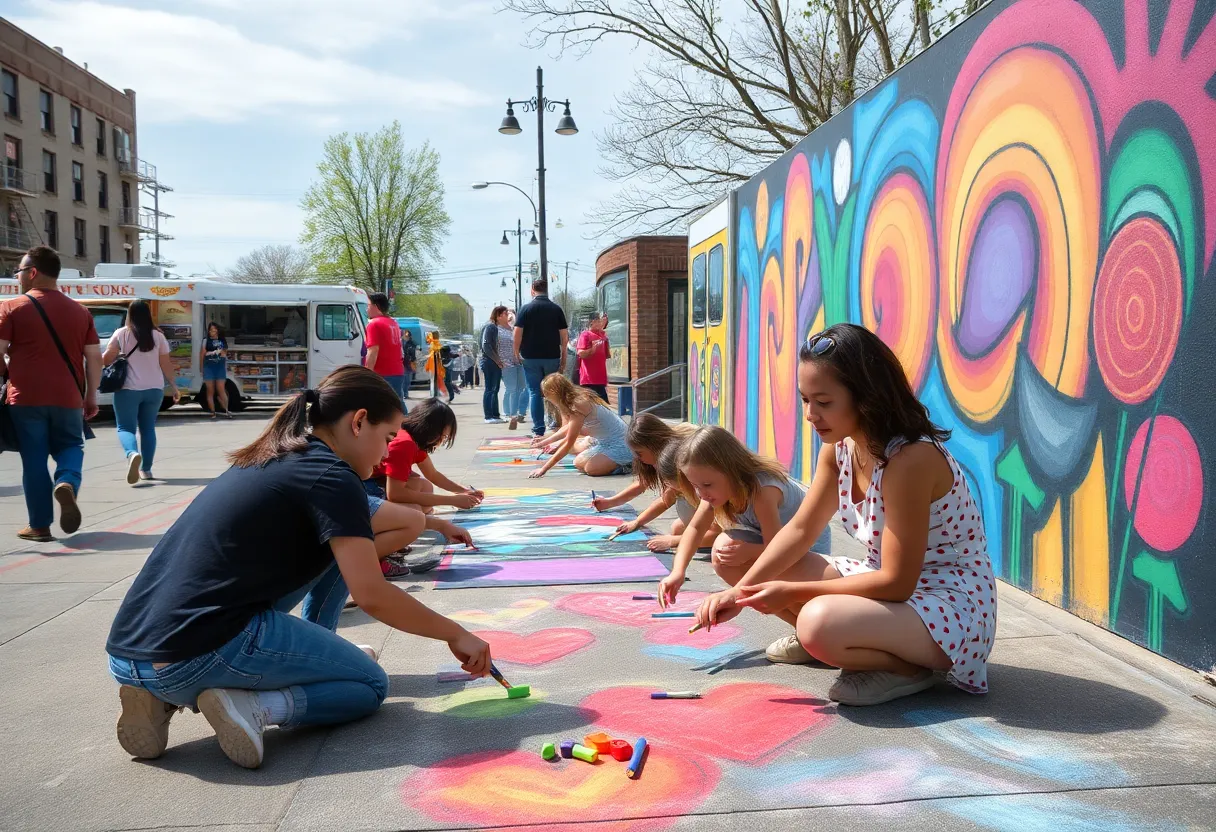 Families creating chalk art at a Grand Rapids community event.