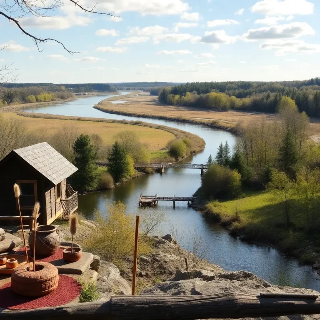 View of the Grand River with Native American historical artifacts