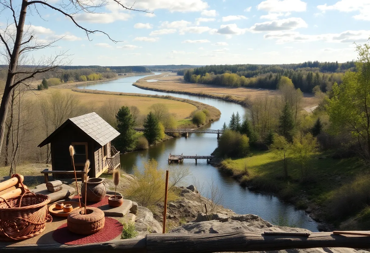 View of the Grand River with Native American historical artifacts