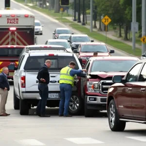 Emergency services responding to a traffic accident in Grandville, with bystanders assisting.