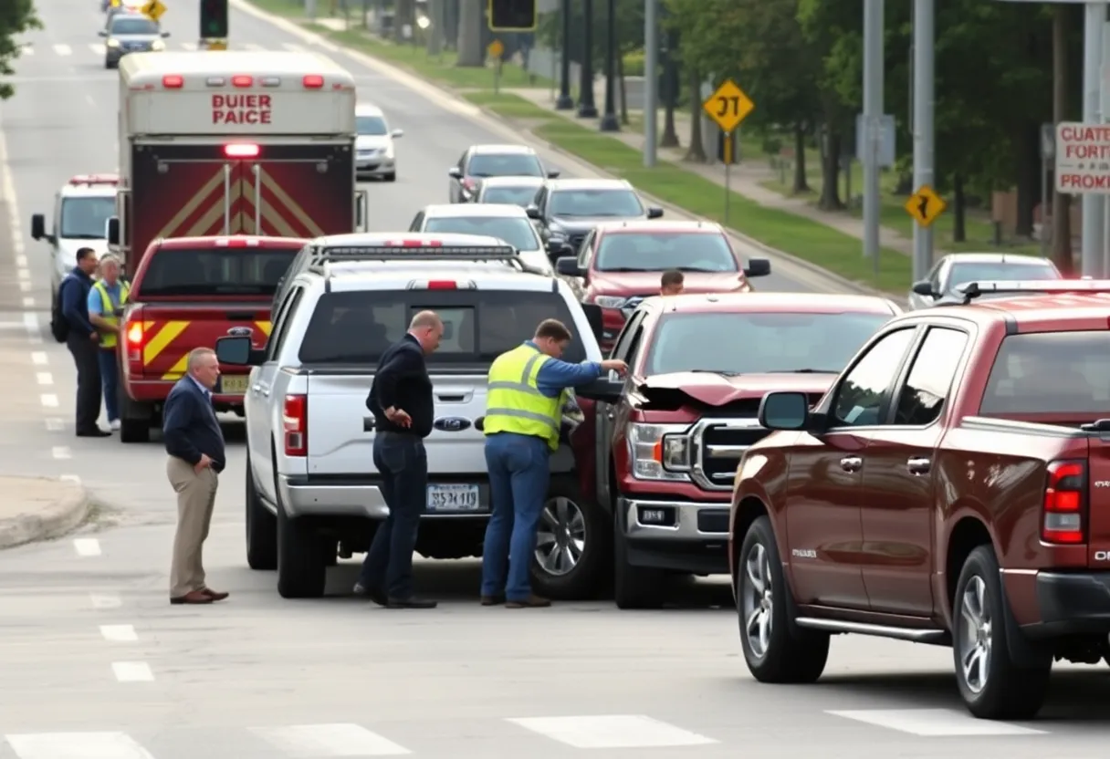 Emergency services responding to a traffic accident in Grandville, with bystanders assisting.