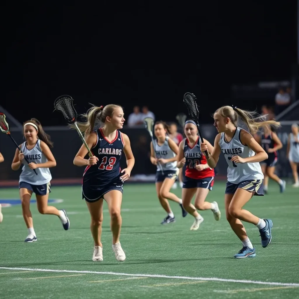 Players celebrating after winning the girls lacrosse championship
