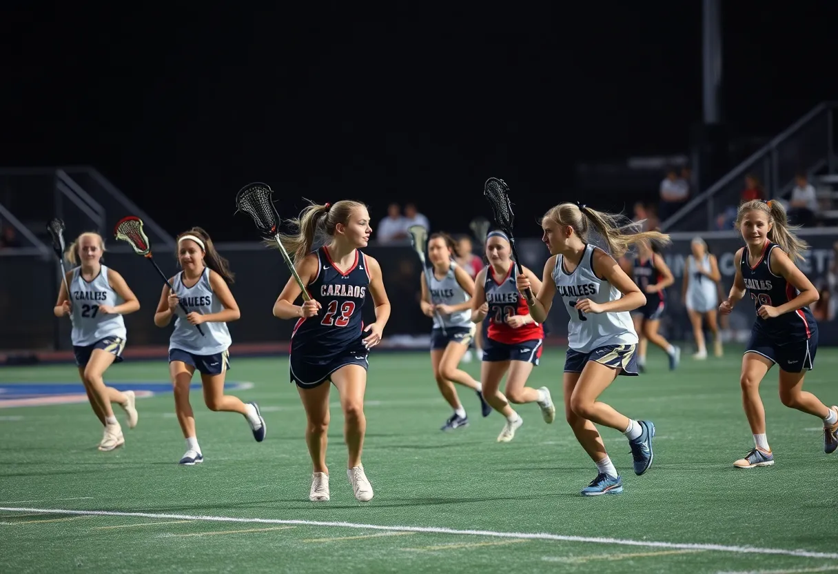 Players celebrating after winning the girls lacrosse championship