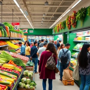 Interior view of a grocery store filled with products and shoppers.
