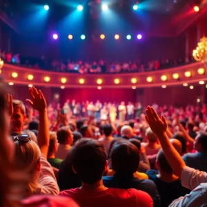 Performance of Hamilton musical featuring lively stage with actors in historic costumes.