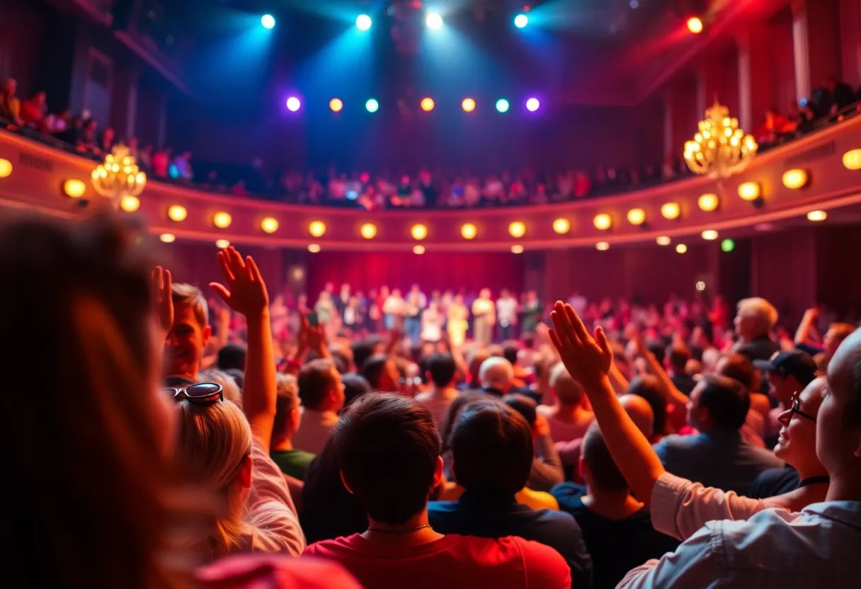Performance of Hamilton musical featuring lively stage with actors in historic costumes.