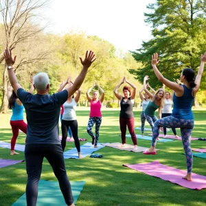 Participants enjoying a hip-hop yoga class at Pleasant Park