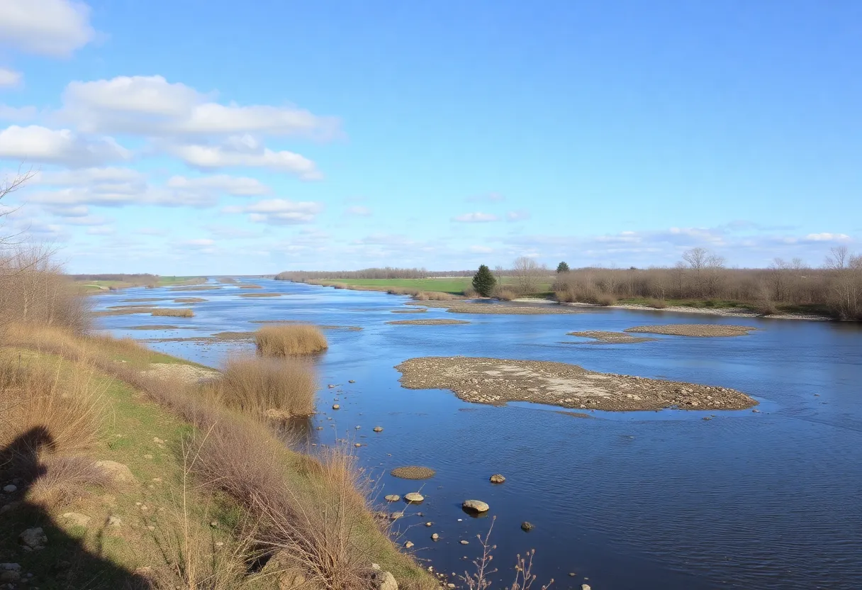 Scenic view of Huron River showing pollution warnings