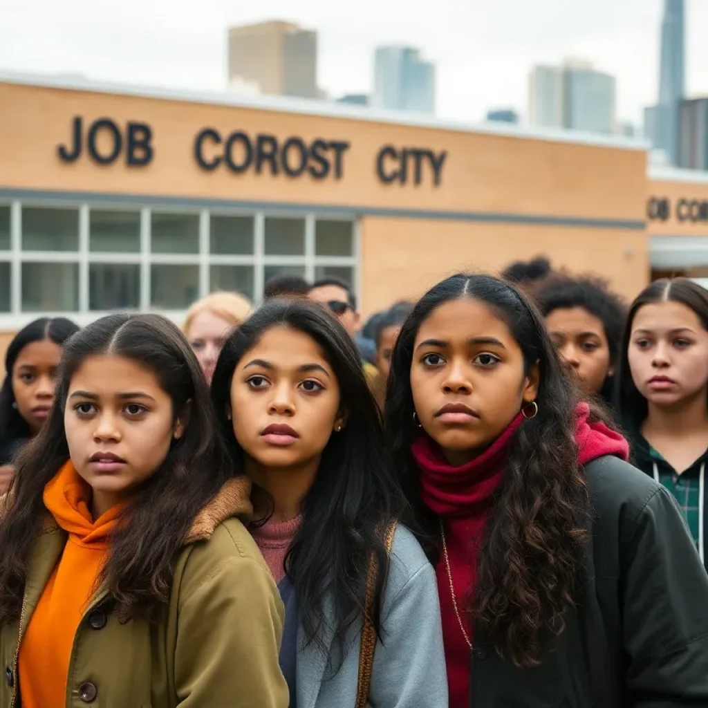 Young adults concerned outside a Job Corps facility in Michigan