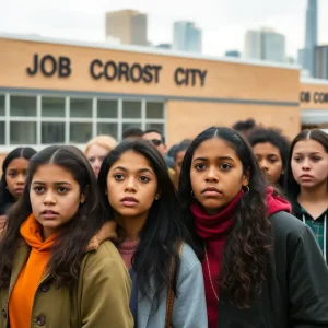 Young adults concerned outside a Job Corps facility in Michigan