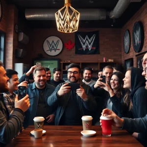 Fans enjoying a lively coffee shop scene as John Cena visits for a surprise stop.