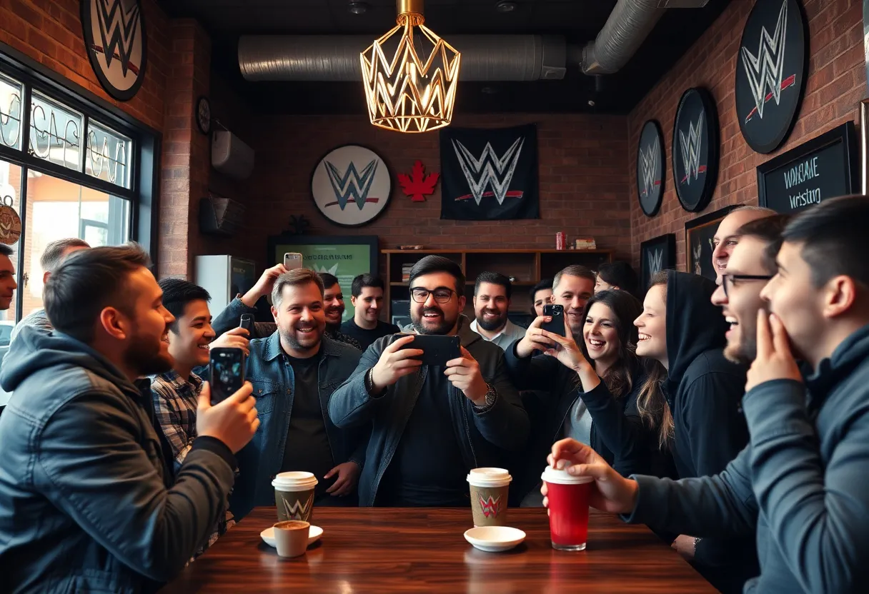 Fans enjoying a lively coffee shop scene as John Cena visits for a surprise stop.