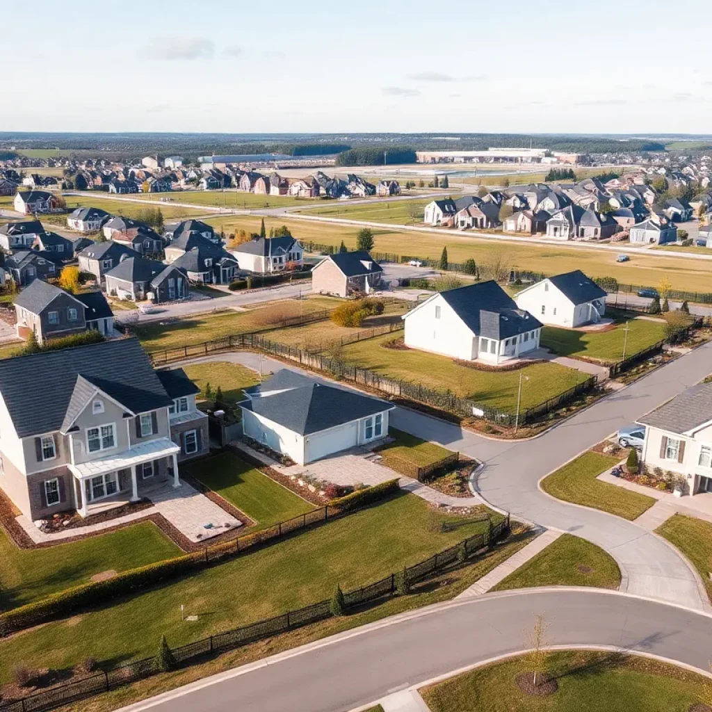New housing developments in Kentwood with landscaped lots and country-style homes.