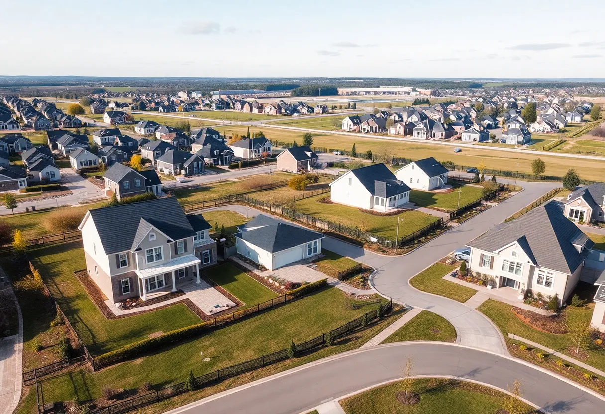 New housing developments in Kentwood with landscaped lots and country-style homes.