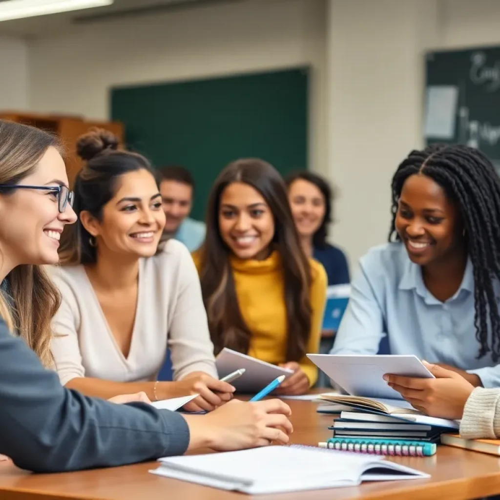 Adults participating in literacy classes in a classroom setting.