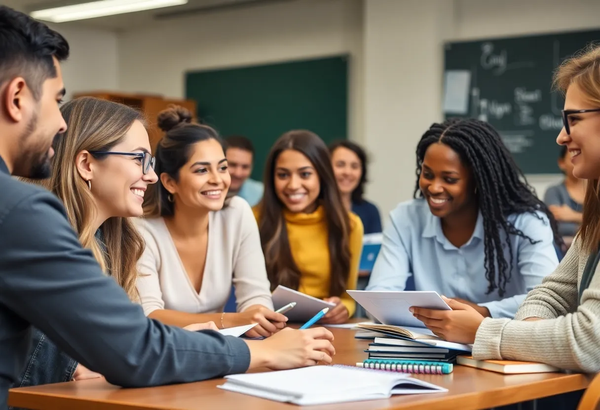 Adults participating in literacy classes in a classroom setting.