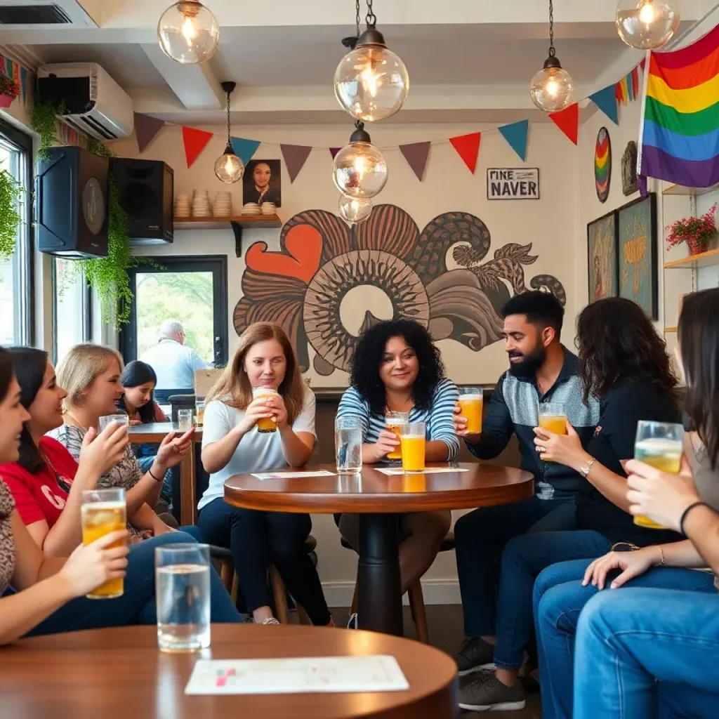 A cozy queer-owned cafe with diverse patrons enjoying mocktails.